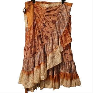 Jack Pot NY 100% Silk Bohemian Festival Patchwork Ruffle Tiered Wrap Skirt OSFM